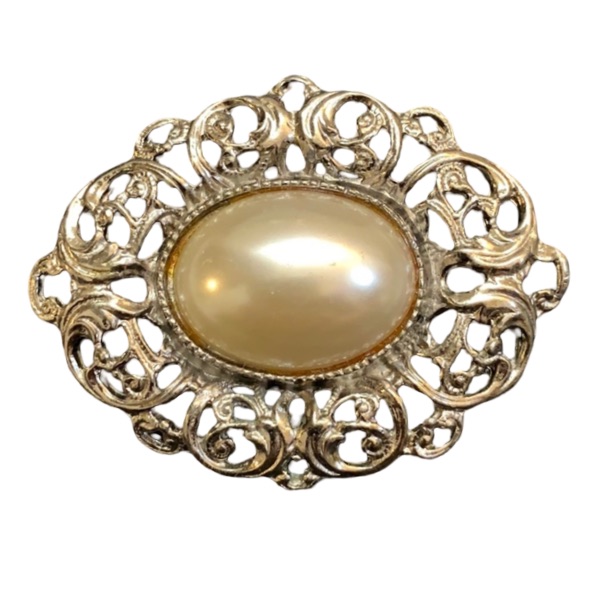 Vintage Silver Faux Pearl Filagree Oval Victorian Revival Brooch